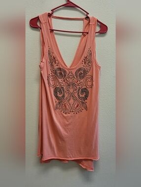 Free People Tunic Coral Embellished Deep V Tank XS Boho